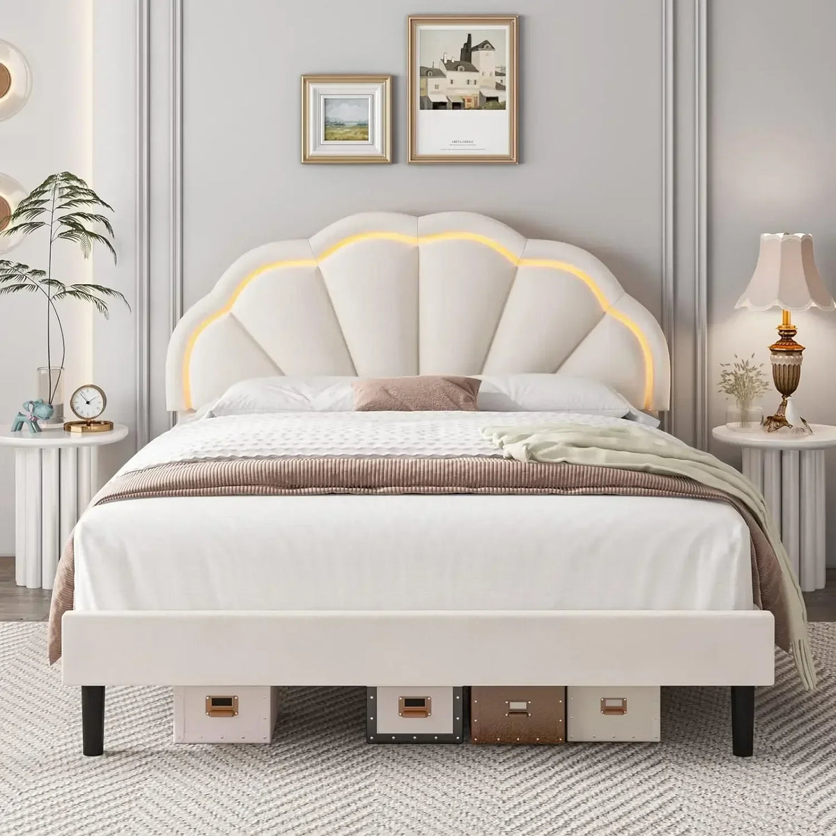 Bed Frame with Adjustable Elegant Flower Headboard, Wooden Slatted Support, Full Size Platform Bed Frame