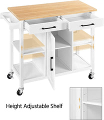 Kitchen Island Cart with Bamboo Countertop, Rolling Kitchen Storage Trolley with 2 Drawers and Adjustable Shelves, Compartment