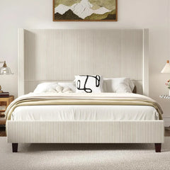 King Size 61" Corduroy Upholstered Bed Frame, Platform Beds with Vertical Stripe Wingback Headboard Bed