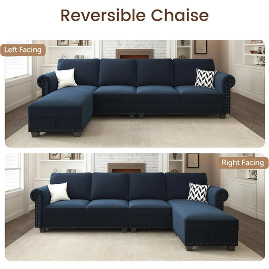 Velvet Sectional Sofa,L Shaped Sectional Couch with Reversible Chaise Convertible 4 Seater Sofa Couch，Living Room Sofas