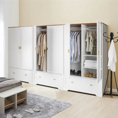 Wide Wardrobe Closet White Armoire Wardrobe with Hanging Rod Shelves and Drawer, Freestanding Closet Wardrobe Cabinet