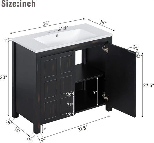 36 in Bathroom Vanity with Sink, 2 Doors and Adjustable Shelf, Wood Bathroom Sink Cabinet, Black