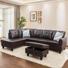 L Shaped Sofa with Ottoman Modern Sectional Living Room,Bedroom,Office,L Couch Brown