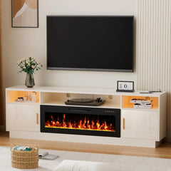 70'' TV Stand with 36'' Fireplace-LED Light Entertainment Center for 75+ inch TV-White TV Cabinet with Storage