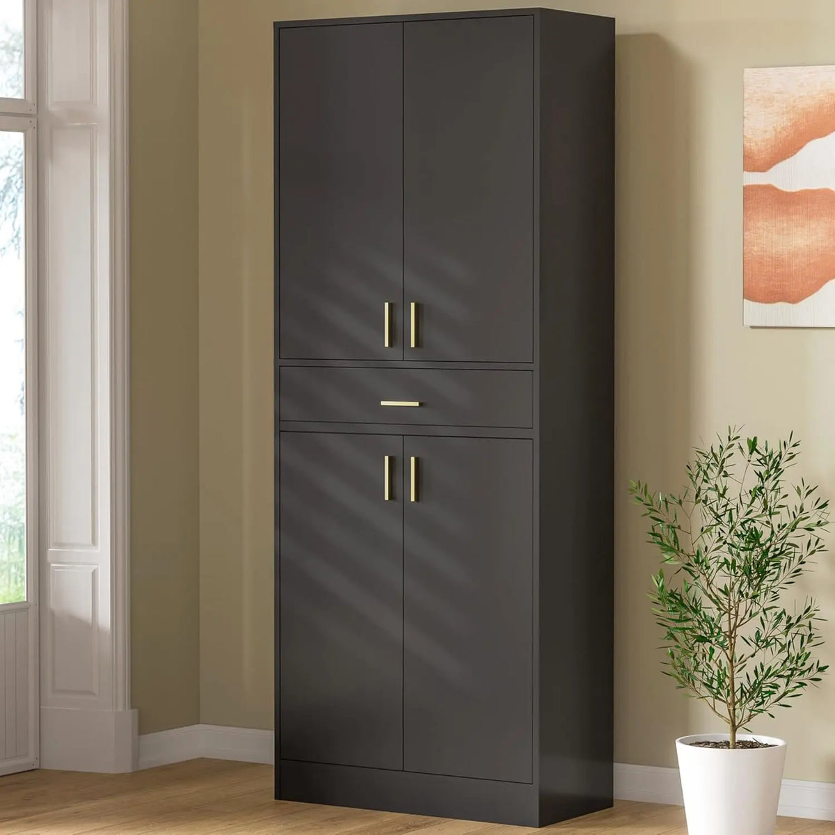 Kitchen Pantry Storage Cabinet 71" Tall 4 Doors Wood Freestanding Cupboard with Sliding Drawer and 2 Adjustable Shel