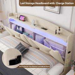 Full Bed Frame with Storage Headboard, Upholstered LED Bed Frame with 2 Storage Drawers Charging Station,Wood Slats Support