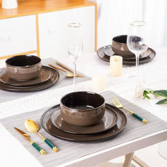 Ceramic Dinnerware Sets,12-Piece Plates and Bowls,Handmade Reactive Glaze Dishes Set,Chip Resistant and Scratch Resistant