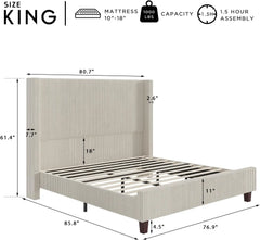 King Size 61" Corduroy Upholstered Bed Frame, Platform Beds with Vertical Stripe Wingback Headboard Bed