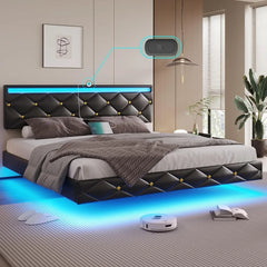 Floating Bed Frame King Size with Led Lights and USB Ports,Faux Leather Platform King Bed Frame with Headboard Easy To Assemble