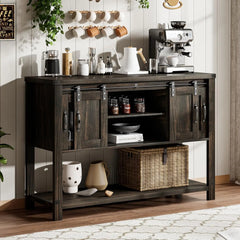 Farmhouse Coffee Bar Cabinet with 2 Sliding Barn Doors, Modern Buffet Sideboard Cabinet with Open Shelf, Entryway Table