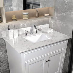 31 Inch Marble Vanity Top with Undermounted Rectangular Ceramic Sink & Backsplash, Engineered Stone Countertop Vanity Sink Top