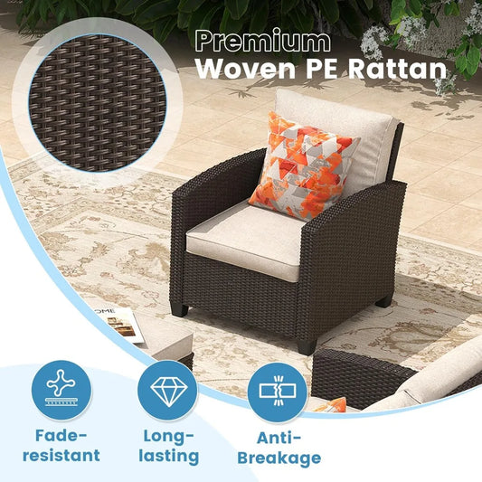 4 Pieces Patio Furniture Set, Rattan Cushioned Outdoor Conversation Set Wicker 3-Seat Sofa Couch, Table and 2 Sofa Chairs