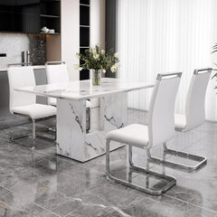 Dining Table Set, Modern Faux Marbled Pattern, MDF Density Board Base, Dining Table and PU Back Leather Chairs, Dining Table Set