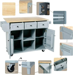 Kitchen Island with Drop-Leaf Countertop, Internal Storage Cabinet Racks, Rolling Kitchen Cart on 5 Wheels with Open Shelves