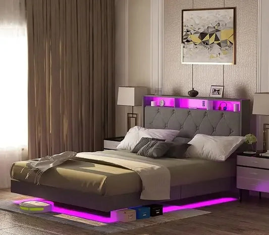 Queen Size Bed Frame with LED Lights, Charging Station, USB & Type C Port, Storage Headboard, PU Upholstered Floating Bed Frame