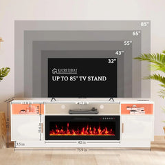 70'' TV Stand with 36'' Fireplace-LED Light Entertainment Center for 75+ inch TV-White TV Cabinet with Storage