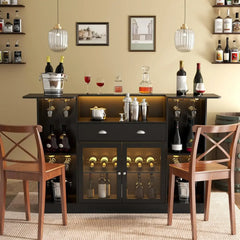 Bar Table Cabinet with LED & Drawer, Mini Liquor Bar with 8-Tier Storage & Stemware Holder, Crescent Shaped Counter for Home Pub