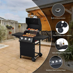 3Burner Propane Gas Outdoor BBQ Grill with Side Tables and Wheels,Open Cart Style,30000 BTU Outdoor Cooking for Barbecue Cooking