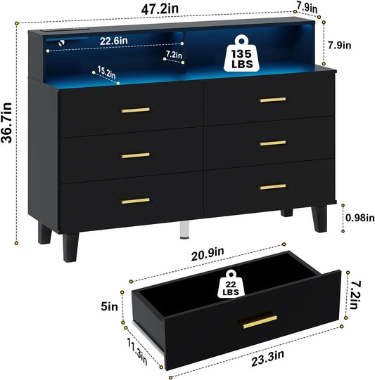 6 Drawer Dresser with Power Outlet for Bedroom, Large Wooden Chest of Drawers, Organizer Cabinet for Bedroom,Living Room