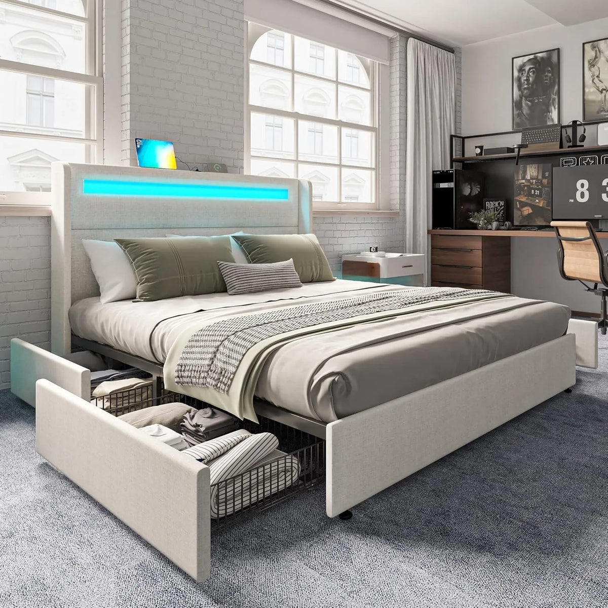 Full Bed Frame with RGBW LED Lights Headboard & 4 Storage Drawers, Upholstered Smart Platform Bed with USB & USB-C Ports