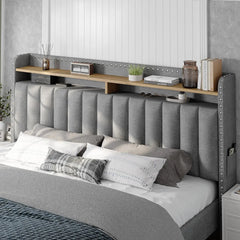 EH queen bed frame with headboard and storage space cushion, queen size bed frame with 2 drawers, noiseless box springs