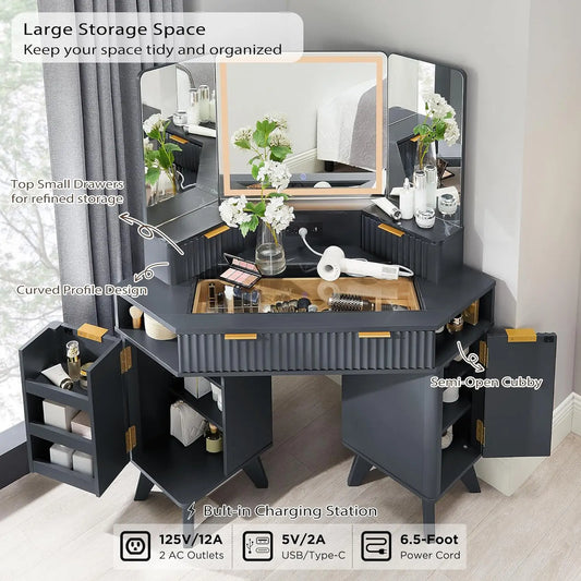 Fluted Makeup Vanity Desk with 3 Way Mirror and Lights, 48" Large Corner Vanity Table with Glass Top, Charging Station, 3 Drawer