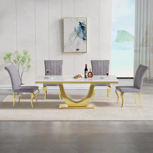 70 inch modern platinum imitation marble dining table set, 5-piece rectangular kitchen dining table set