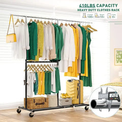 Clothing Rack for Hanging Clothes, Rolling Heavy Duty Clothes Rack with Wheels for Walk-in Closet