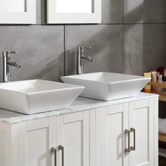 Double Sink White Bathroom Vanity Cabinet Solid Wood Marble Top Mirror Faucet&Drain Set White sink