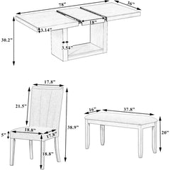 Dining Table Set for 6, Extendable Pedestal Dining Table W 4 Upholstered Chairs, 78 Inch Dining Table Set, 6 Pcs