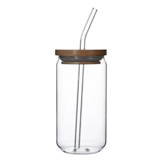 500ml Glass Mug Transparent Water Cup With Bamboo Wood Lid Cola Cup With Lid And Straw Set Juice Glass Beer Milk Water Cups