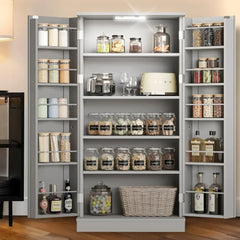 LED Kitchen Pantry Storage Cabinets, 50 Inch FreeStanding, 2 Doors and Shelves Adjustable for Living Room, Kitchen Buffet