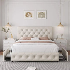 Bed Frame with 4 Storage Drawers and Adjustable Headboard, Upholstered Platform Bed with Button Tufted Design, Strong Wood