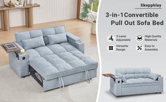 3 in 1 Sofa Bed, Pull Out Couch with Side Table, 65'' Convertible Loveseat with Adjustable Backrest, Chaise Lounge with USB and