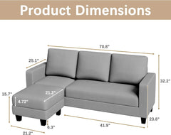 Convertible Sectional Sofa Couch L Shaped 3 Seat Small Couch for Living Room with Ottoman Modern Fabric Reversible Chaise