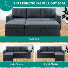 Jenny Sectional Sofa Sleeper with Storage Chaise, Tufted Pull Out Couch with Storage, Sectional Sofa Bed, Velvet