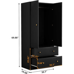 Freestanding Bedroom Armoire Wardrobe with 2 Drawers, Chest Clothes Storage with Clothing Rod and 2 Storage Doors, Wardrobes