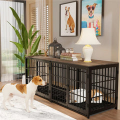 Heavy Duty Dog Kennels Metal Wooden Dog Crate End Table Furniture Style Pet Cage with Three Doors and Removable Tray