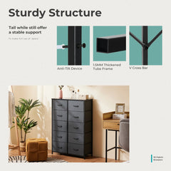 JHK Bedside Table For Bedroom With 10 Fabric Drawers Storage Cabinet Steel Frame Closet For Clothes Storage Display Cabinet