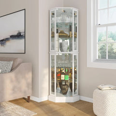 3-Side Glass Display Curio Cabinet Corner Curio Storage Rack w/ Bulb Durable NEW