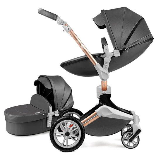 Hot Mom F023 Baby Stroller 2 in 1,Rotates 360 Degrees,PU Leather, Mosquito Net, Rain Cover, Adapter, Cup Holder, large wheels