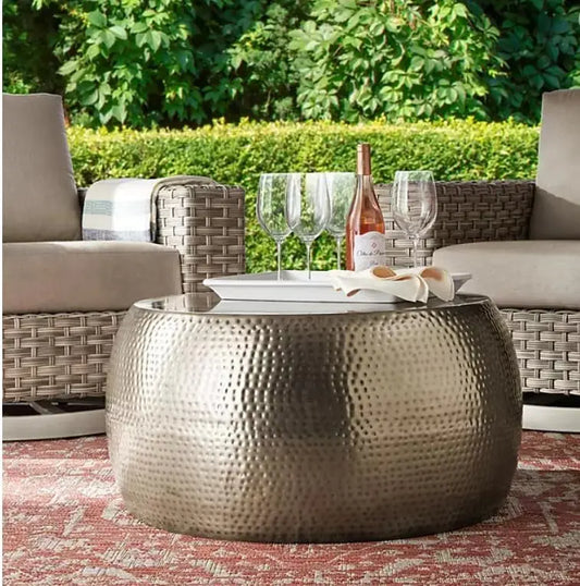 Light Golden Finish-Metal Hammered Coffee Table Both Indoor and Outdoor Use Hand Hammer A Large End Table