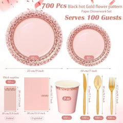 700 Pcs Disposable Dinnerware Set for 100 Guests Include 200 Paper Plates, 300 Plastic Silverware, 100 Paper Cups, 100 Napkins