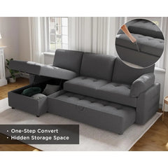 Pull Out Sofa Bed, Modern Tufted Convertible Sleeper Sofa, L Shaped Sofa Couch with Storage Chaise, Chenille Sectional Couch Bed