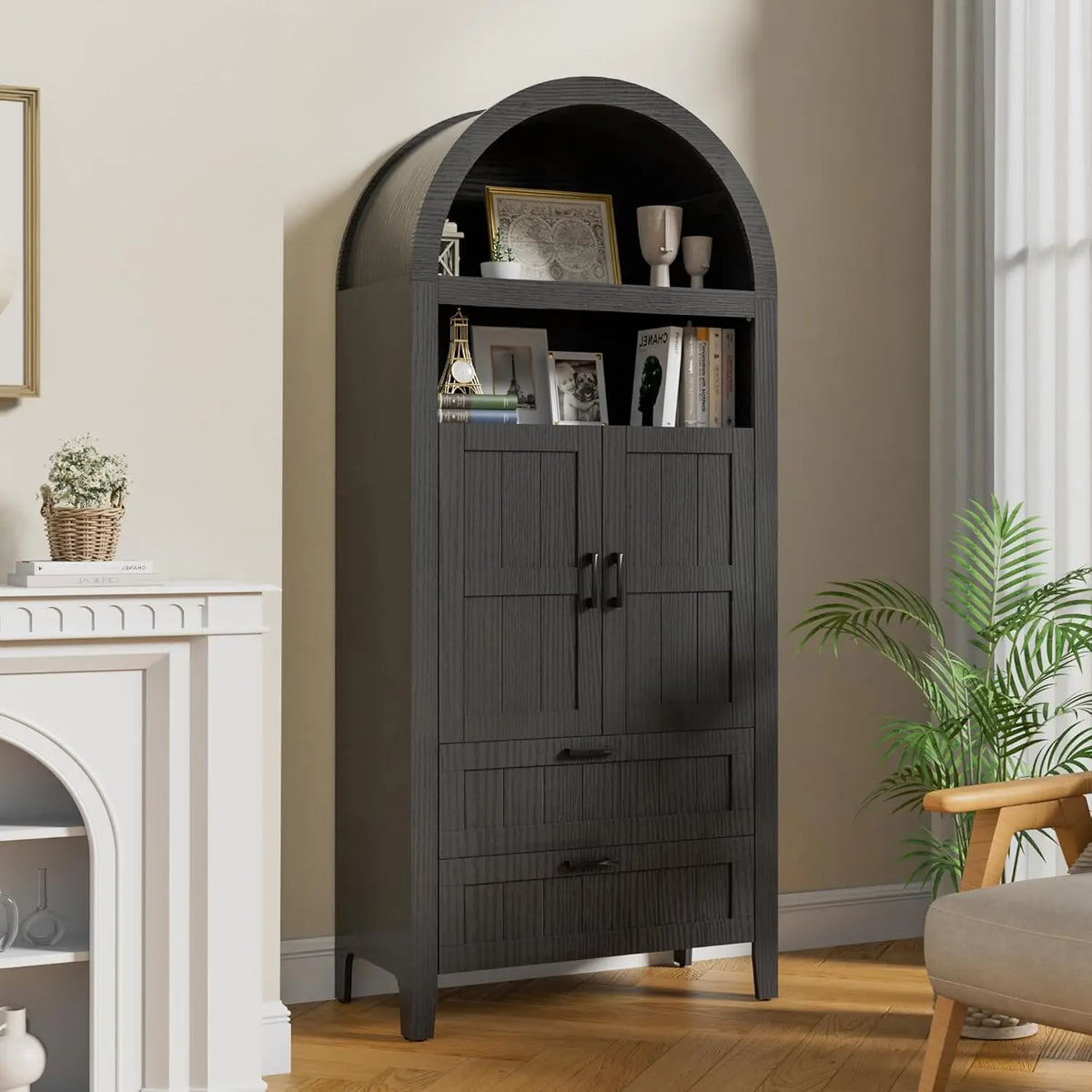 71" Tall Arched Cabinet Bookcase, 5-Tier Arched Bookself with Doors, Arched Bookcase Cabinet with Storage,Display Cabinet