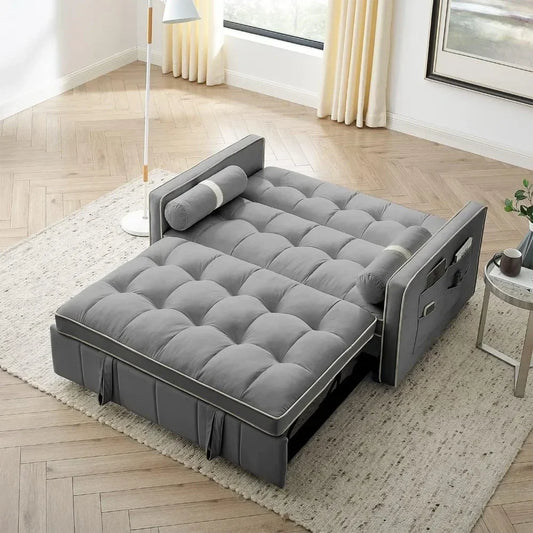 3 in 1 Sleeper Sofa Couch Bed w/Pullout Bed Adjustable Backrest,Cylinder Pillows Tufted Velvet Convertible Loveseat Futon Sofa