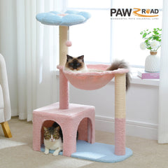 Flower Cat Tree with Large Metal Frame Hammock Cute Cat Tower with Sisal Scratching Posts for Small Indoor Cats with Pink Perch