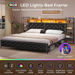 Bed Frame with Bookcase Storage Headboard and Charging Station,Metal Led Platform Bed,LED Lights,No Box Spring Needed,Bed Frames