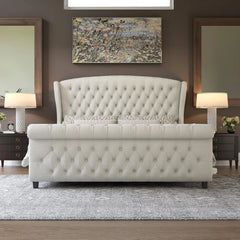 King Size Platform Bed Frame, Chenille Upholstered Sleigh Bed with Scroll Wingback Headboard & Footboard/Button Tufted