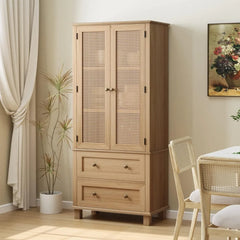 Kitchen Pantry Storage Cabinet, Tall Cabinet with Rattan Doors and 2 Drawers, Freestanding Cupboard with Adjustable Shelvesl